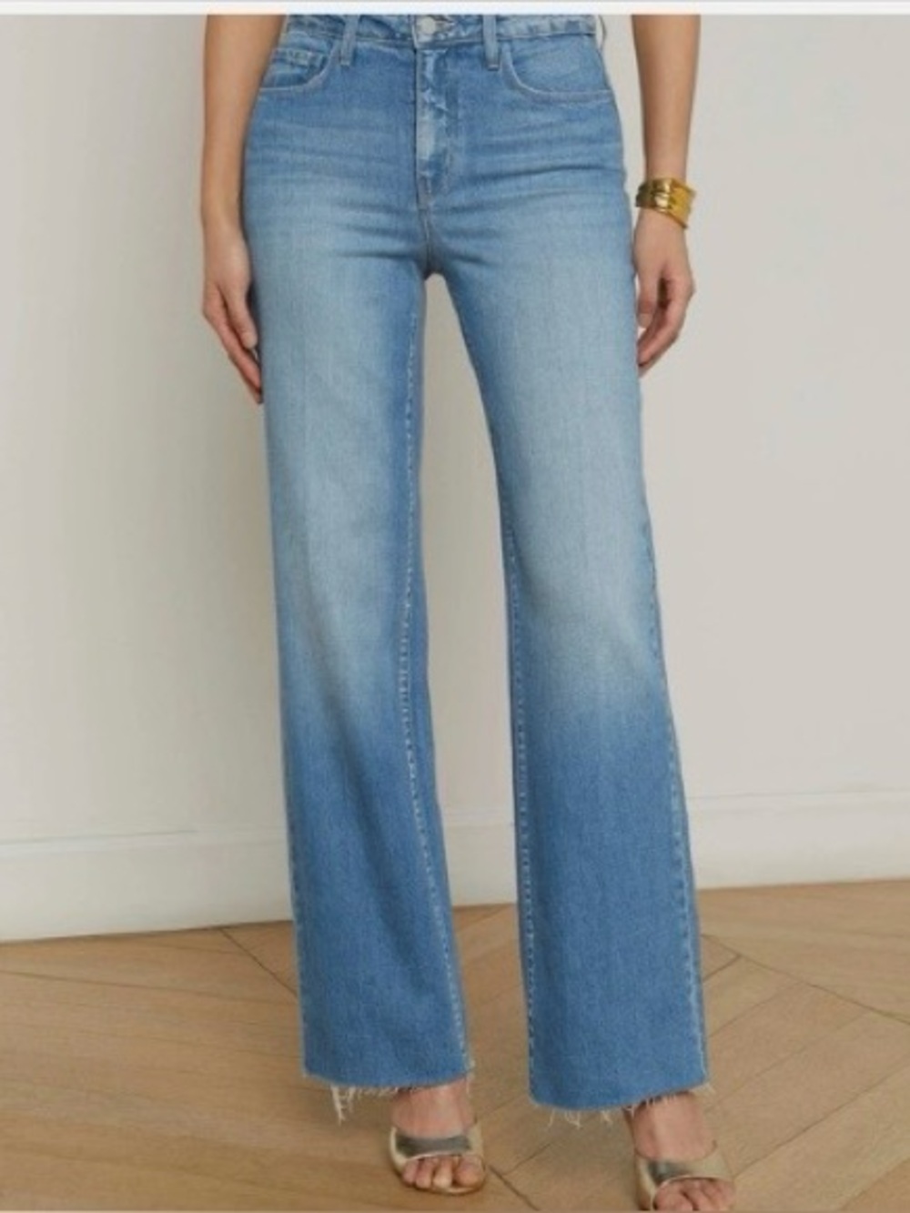 L'AGENCE Light Blue Wide-Leg Jeans with Frayed Hem